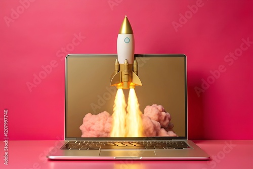 Futuristic Rocket Launch from Laptop Screen: AI Digital Illustration. generative AI