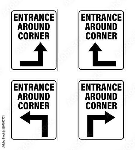 Entrance around corner. Set of information signs with text and directional arrows pointing in four different direction, one for each placard.