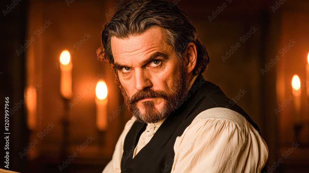 Dramatic candlelit portrait close-up of a bearded man's intimate study Dramatic candlelit portrait close-up of a bearded man's intimate study