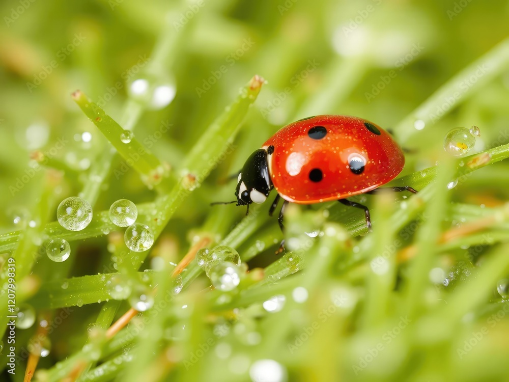 Obraz premium Close-up of a vibrant red ladybug on fresh morning dew covered grass, morning, beetle, macro