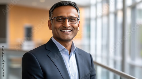 Portrait of a smiling middle-aged man in a suit and glasses, indoors