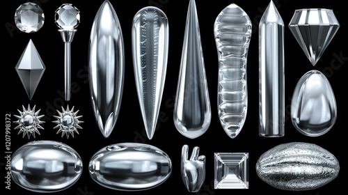 A collection of shiny, metallic geometric shapes and objects arranged artistically. photo