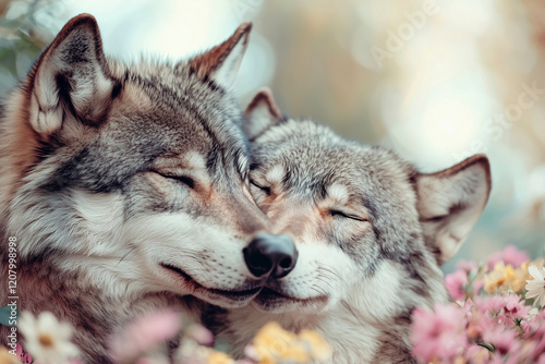 Two Wolves Embrace in a Field of Flowers: A Captivating Wildlife Portrait photo