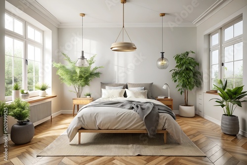 Minimalistic Scandinavian Bedroom Design with Neutral Tones and Soft Linens. generative AI