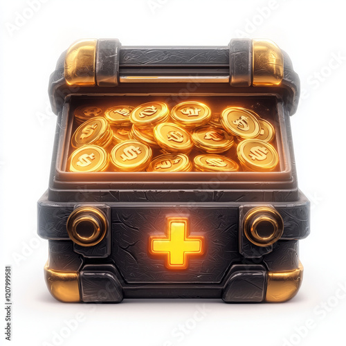 Treasure chest filled with glowing coins, symbolizing wealth and fortune