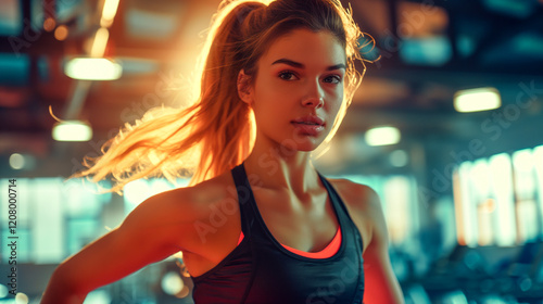 Focused girl engaged in intense exercise in a vibrant gym environment during sunset