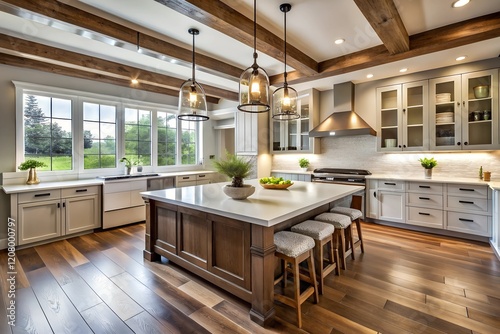 Elegant Farmhouse-Style Kitchen with Modern Features and Natural Light. generative AI