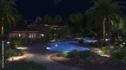 Wallpaper Mural Nighttime Poolside Villa Oasis with Landscape Lighting Torontodigital.ca