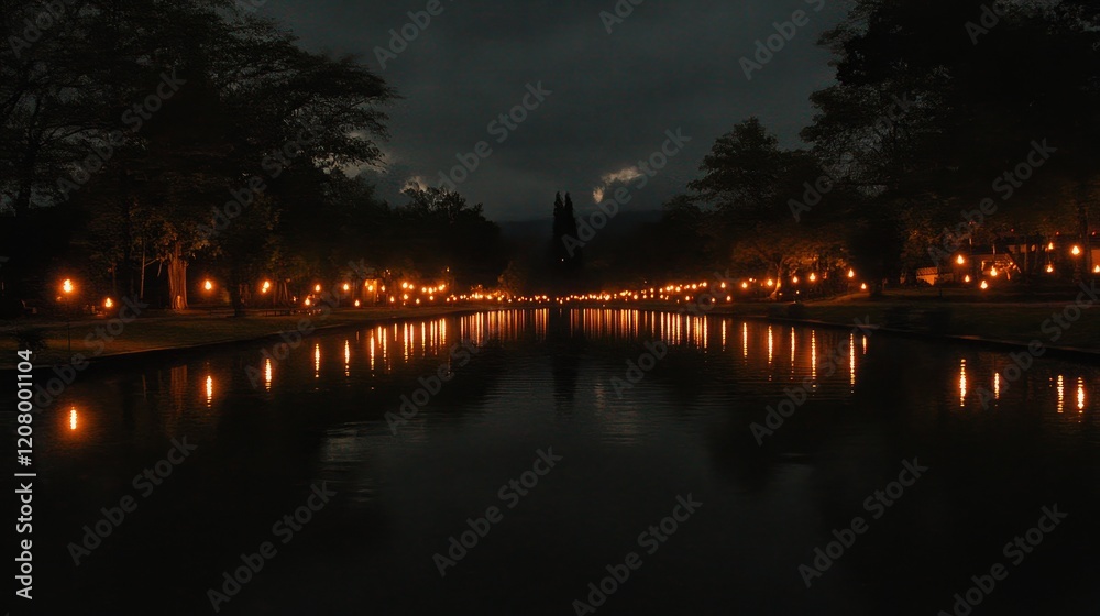 Nighttime Reflection of Lights on Calm Water