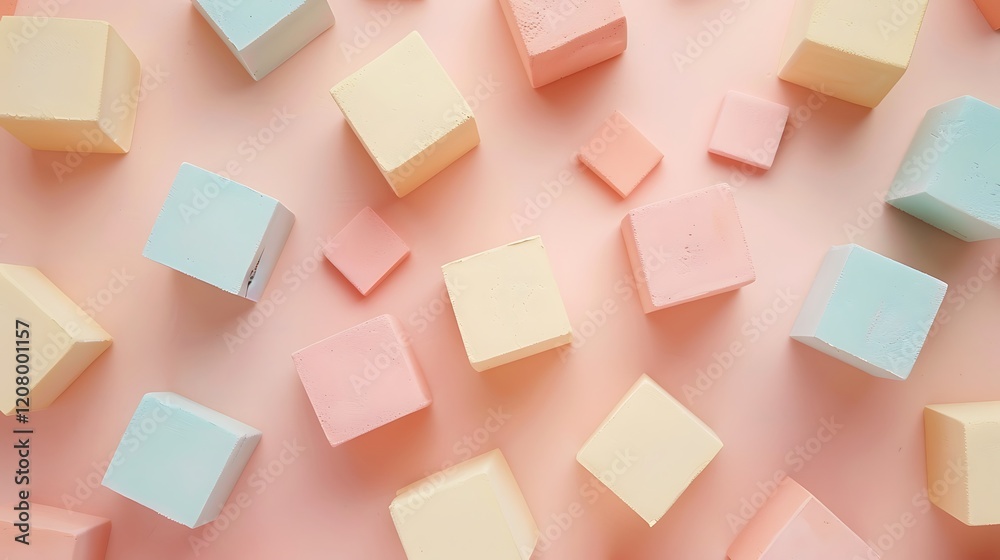 Pastel-colored cubes arranged in a playful and random design over a neutral backdrop Pastel-colored cubes arranged in a playful and random design over a neutral backdrop