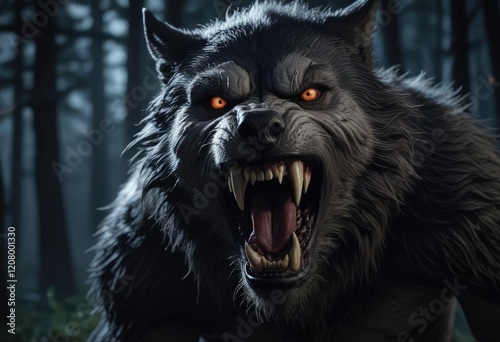 Chilling close-up of werewolf snarling in moonlit forest at night, night, forest
