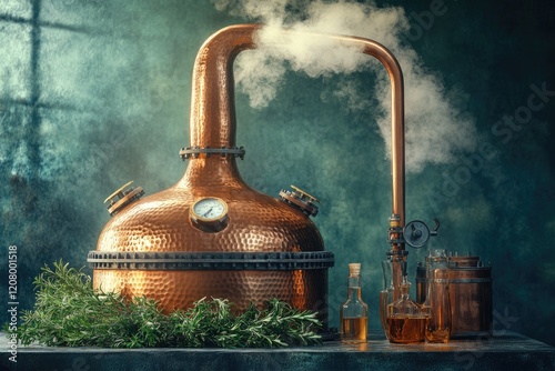 Copper still distilling essential oils from herbs, producing aromatic liquids.