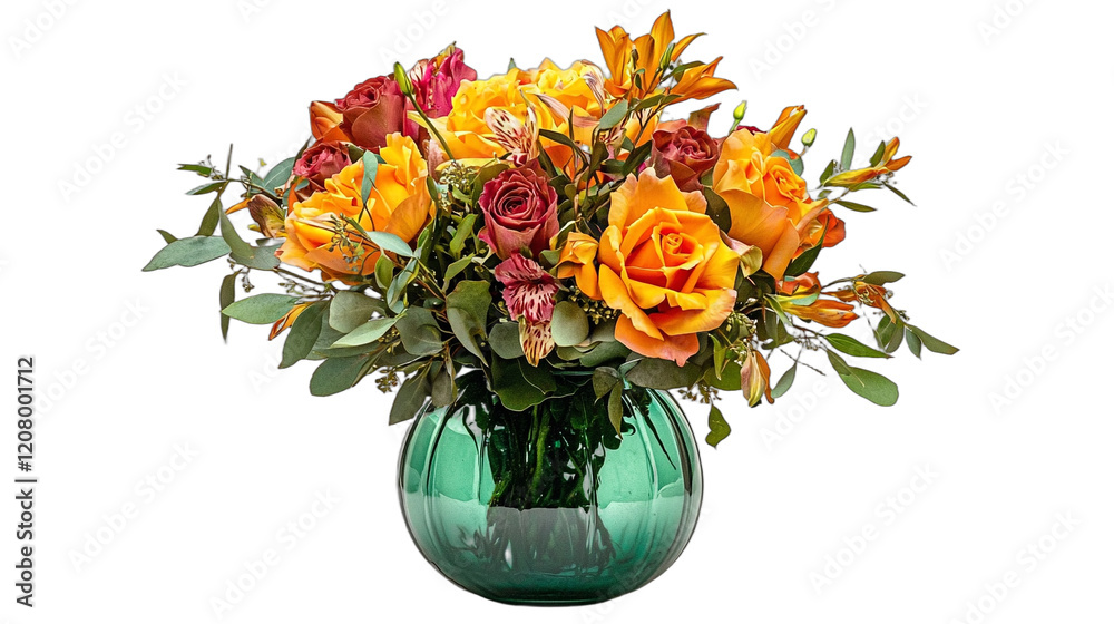 Obraz premium a green vase filled with yellow roses and other colorful flowers PNG image, PNG file, Generative art.