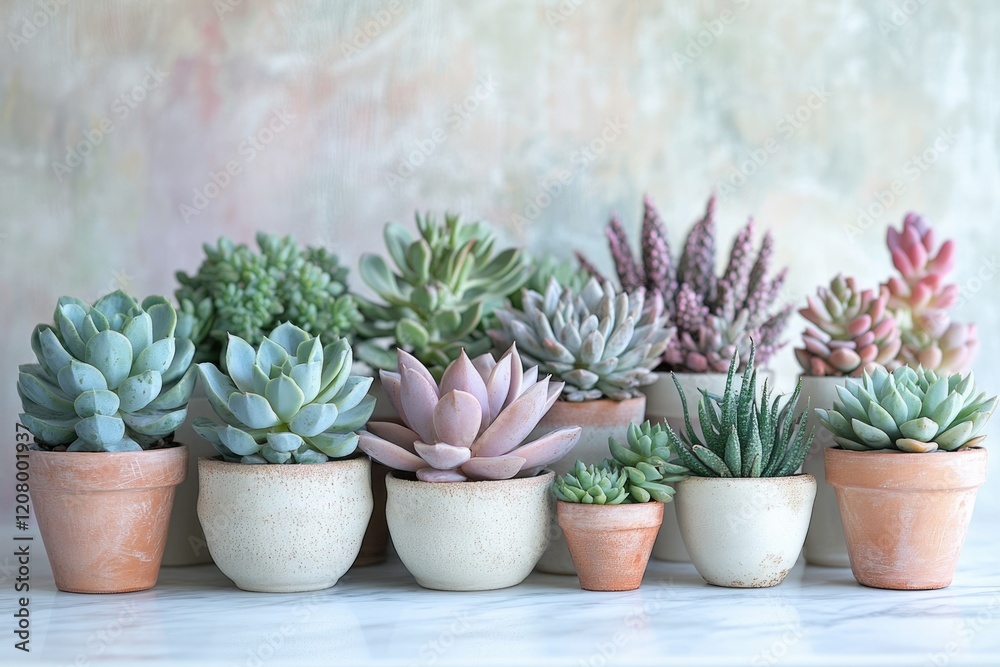 A collection of succulents in terracotta and white pots, arranged on a marble surface against a soft pastel background. A collection of succulents in terracotta and white pots, arranged on a marble surface against a soft pastel background.