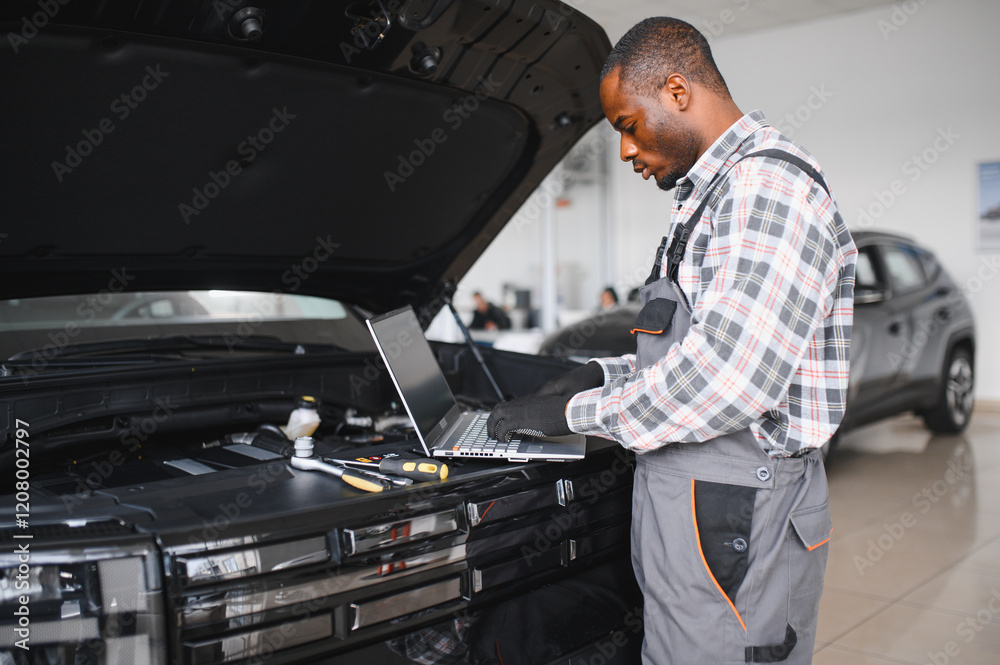 Portrait of smiling mechanic in car service ordering new parts for damaged vehicle using tablet. African american repairman looking online for components to replace old ones in busted automobile Portrait of smiling mechanic in car service ordering new parts for damaged vehicle using tablet. African american repairman looking online for components to replace old ones in busted automobile