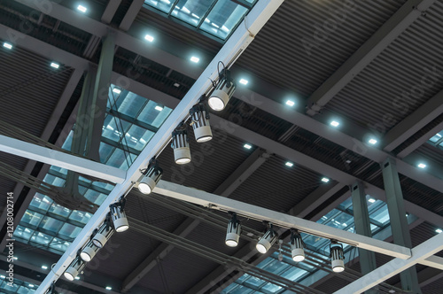 LED spotlights on rails under the ceiling in a modern warehouse, shopping center building, office or other commercial real estate object. photo