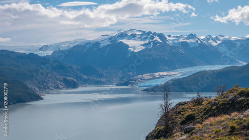 Torres del Paine National Park, Patagonia, Chile, Magical colorful glacial Grey lake, Grey glacier surrounded by austral forests at blue sky sunny day