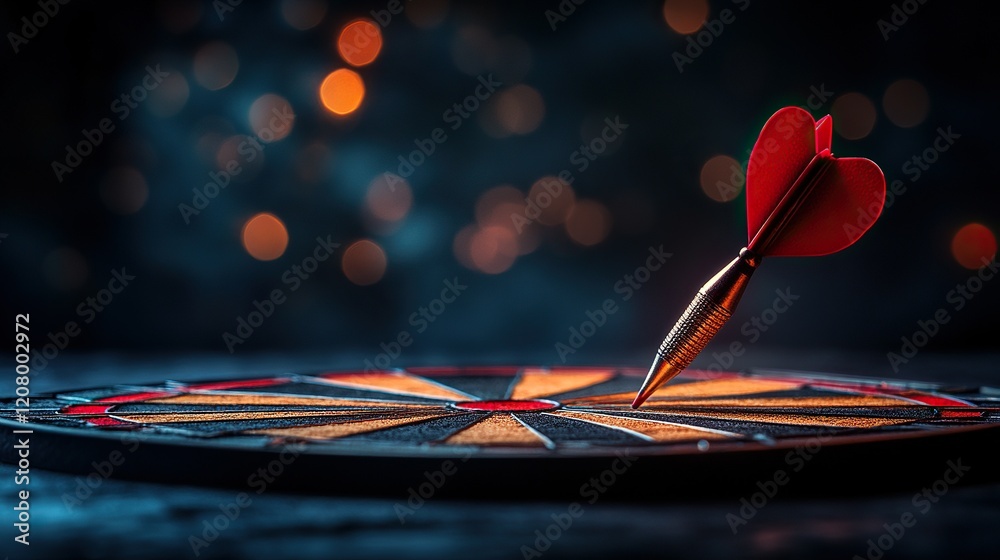 Red dart hitting bullseye on dartboard in dark room with bokeh background