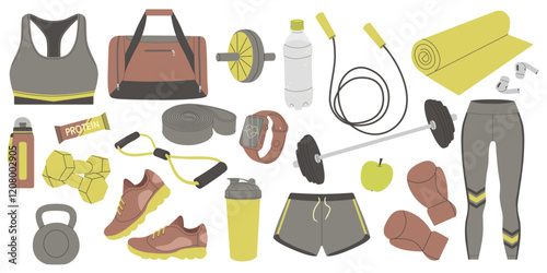 Sport equipment for women. Fitness set. Sportswear, sport watch, sneakers, dumbbells, jump ropes, mat