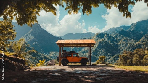 Scenic road trip-themed car hire with adventurous vehicles parked under a wooden pavilion, mountain views photo