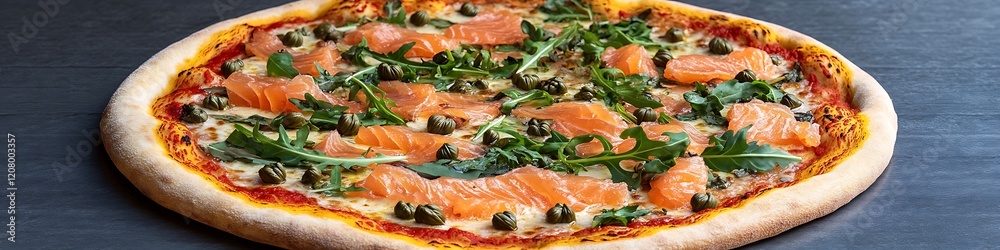 A gourmet pizza with smoked salmon capers and arugula on a thin crispy crust with golden cheese A gourmet pizza with smoked salmon capers and arugula on a thin crispy crust with golden cheese