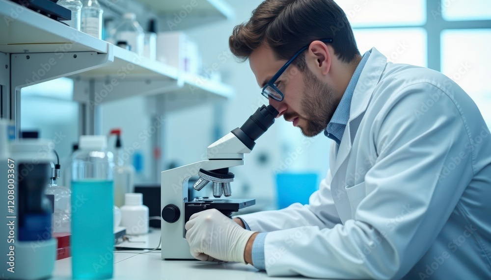 Man in a lab coat is looking through a microscope. He is wearing gloves and a lab coat Man in a lab coat is looking through a microscope. He is wearing gloves and a lab coat