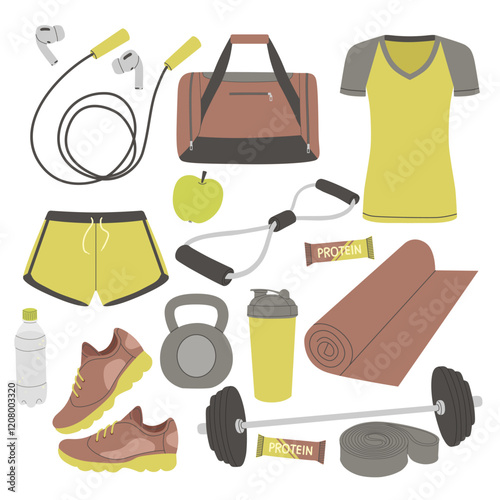 Accessories for sports for women. Sports equipment. Sport clothes, sport watch, sneakers, dumbbells, jump ropes, mat