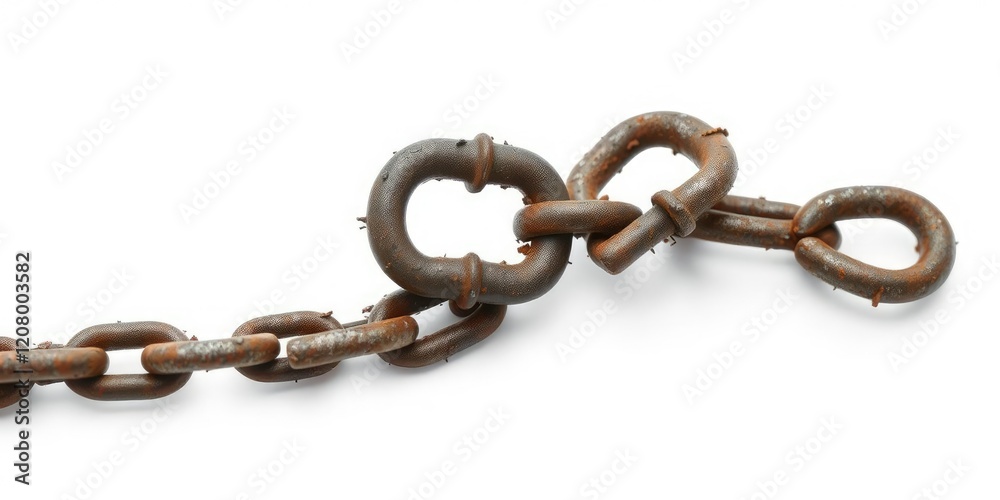 Fototapeta premium Broken and rusted iron chain with jagged links isolated on a white background, white, rusty