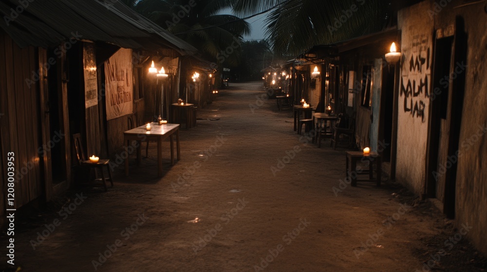 Obraz premium Nighttime Village Street Scene with Candlelit Tables