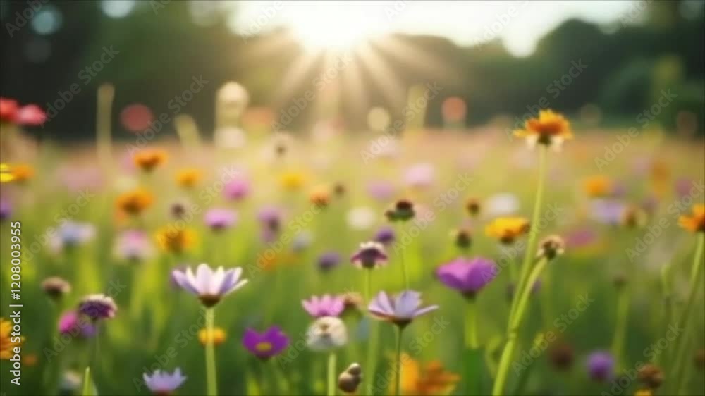 Beautiful wild flowers in a meadow with sunlight shining thought