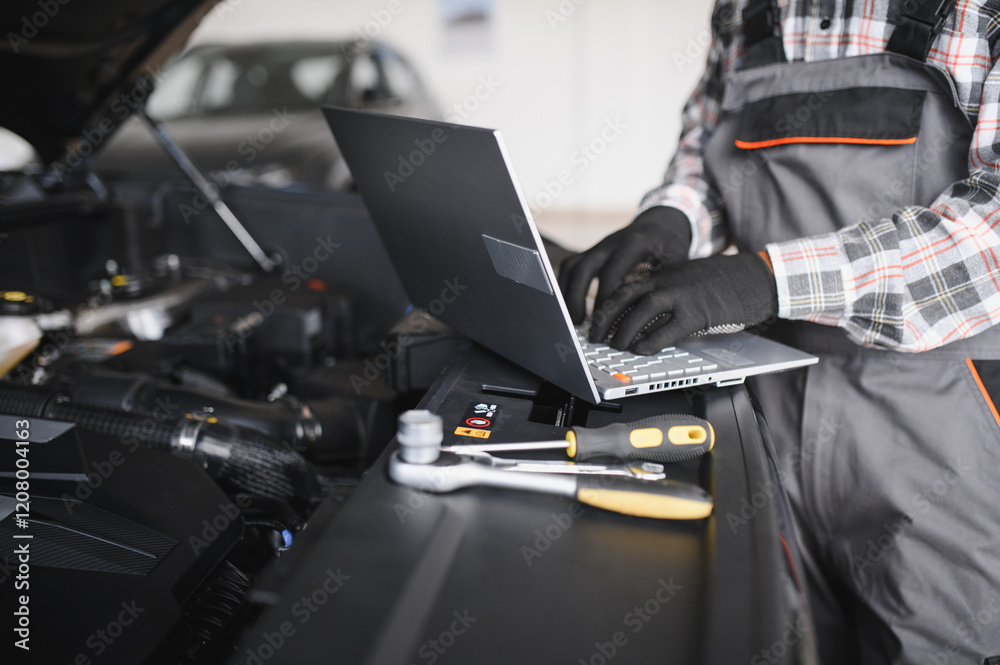 Fototapeta premium Automobile computer diagnosis. Car mechanic repairer looks for engine failure