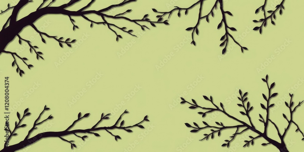 Branches and leaves of trees in a loose cut-out style against a muted green background, branch shapes, garden element, tree nature Branches and leaves of trees in a loose cut-out style against a muted green background, branch shapes, garden element, tree nature