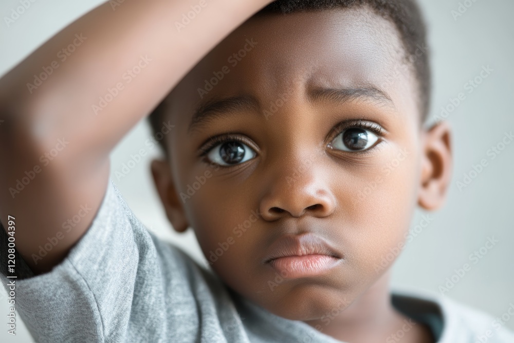 Thoughtful Young Boy in Grey T Shirt Looking Worried or Pensive Indoors Thoughtful Young Boy in Grey T Shirt Looking Worried or Pensive Indoors