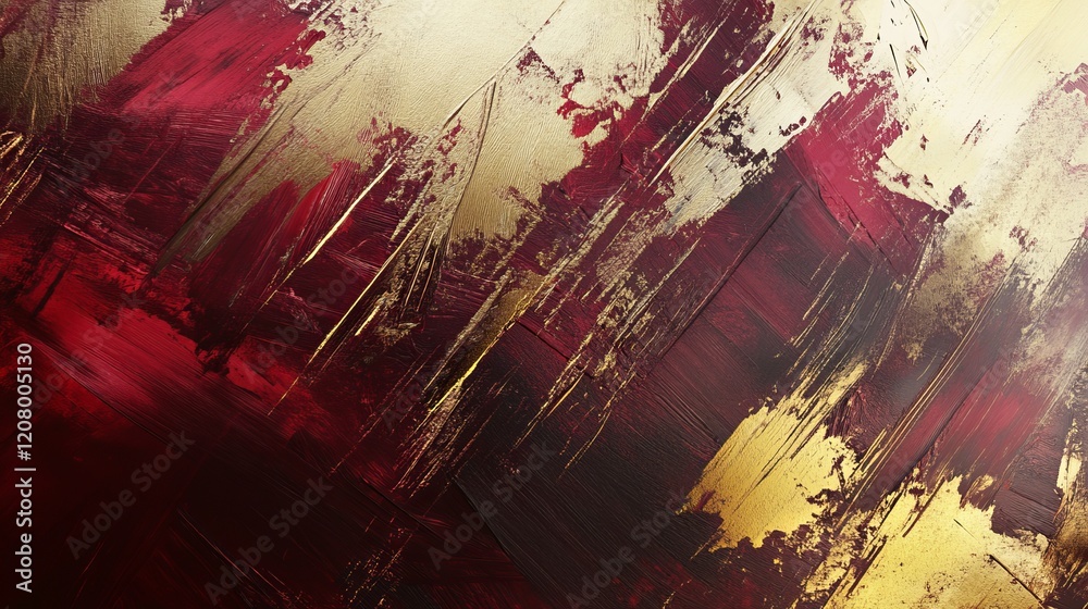 Fototapeta premium Maroon and Gold Elegance, a luxurious artwork featuring rich brush strokes and textured layers for an opulent atmosphere.