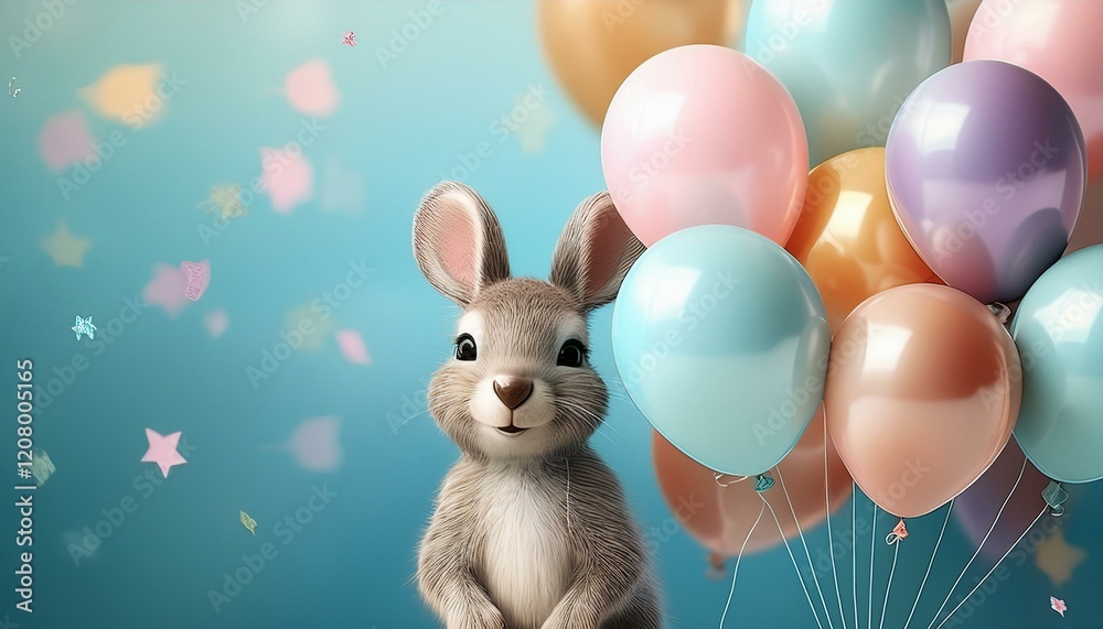 cute animal with pastel balloons on light blue background for birthday celebrations cute animal with pastel balloons on light blue background for birthday celebrations