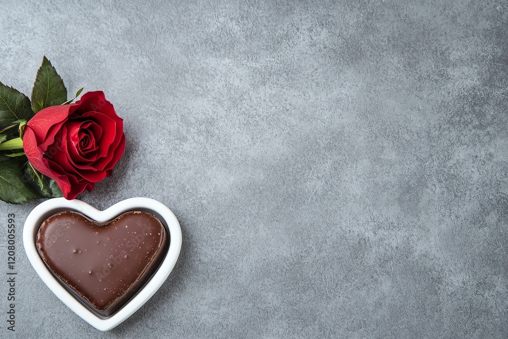 A heart-shaped chocolate and a red rose on a textured gray surface. A heart-shaped chocolate and a red rose on a textured gray surface.