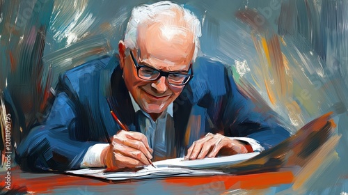 Portrait of an Elderly Man Writing at a Desk, Closeup View
