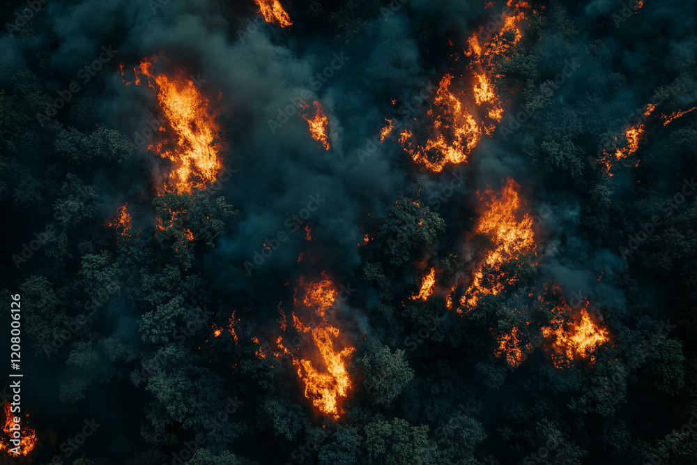 Forest fire. Wildfire with intense flames and smoke, panoramic view of wildfire in a wooded landscape, aerial view, natural disaster background Forest fire. Wildfire with intense flames and smoke, panoramic view of wildfire in a wooded landscape, aerial view, natural disaster background