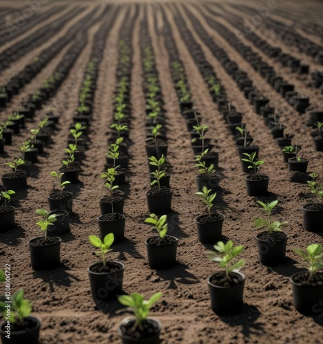 Black pot tree seedlings in a neatly arranged row with furrow spacing , soil care, sustainable agriculture