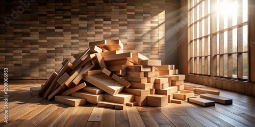 A sunlit room features a haphazard pile of wooden blocks against a wood-paneled wall
