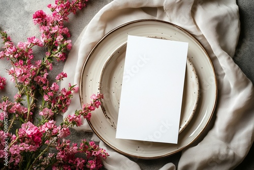 Elegant dining table setting with blank white menu mockup laying on plate. Restaurant napkin invitation card template with copy space for weddings, romantic dinner -