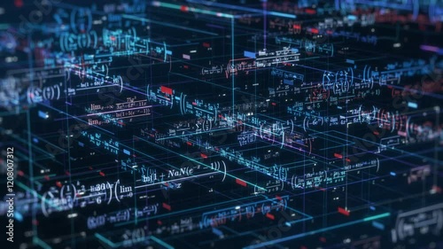 Complex futuristic network with math expressions and equations, concept of ai assistant, machine learning, neural network, science and technology (3d render)