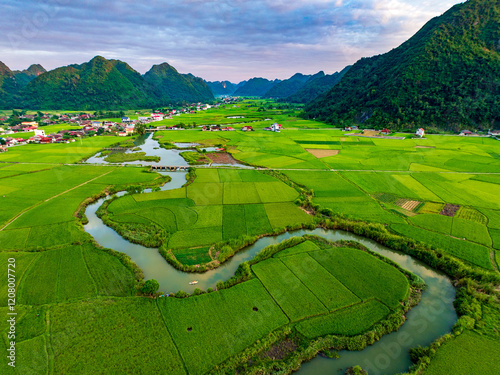 Aerial drone view of Bac Son rice field valley at sunset, Lang Son, Vietnam