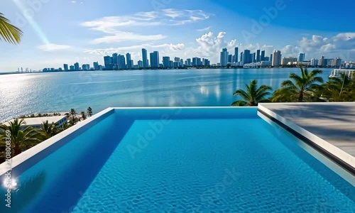 Oceanfront Miami pool, city skyline view, luxury real estate