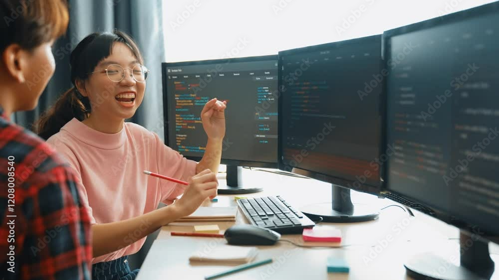 Slow motion back end software developer engineer for computer programming working together on debugging writing computing code, solving complex algorithms display on monitor in office. Burgeoning