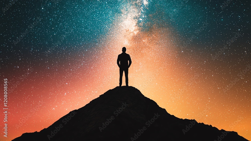 Fototapeta premium A silhouette of a person standing on a mountain under a starry night sky.