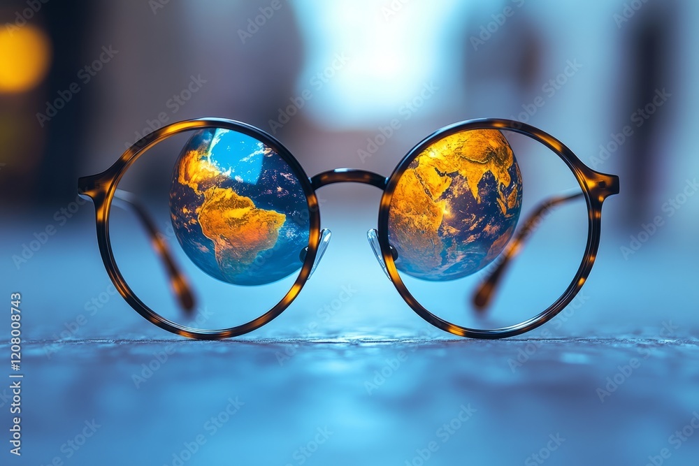 Round eyeglasses reflecting a vibrant view of Earth against a blurred background