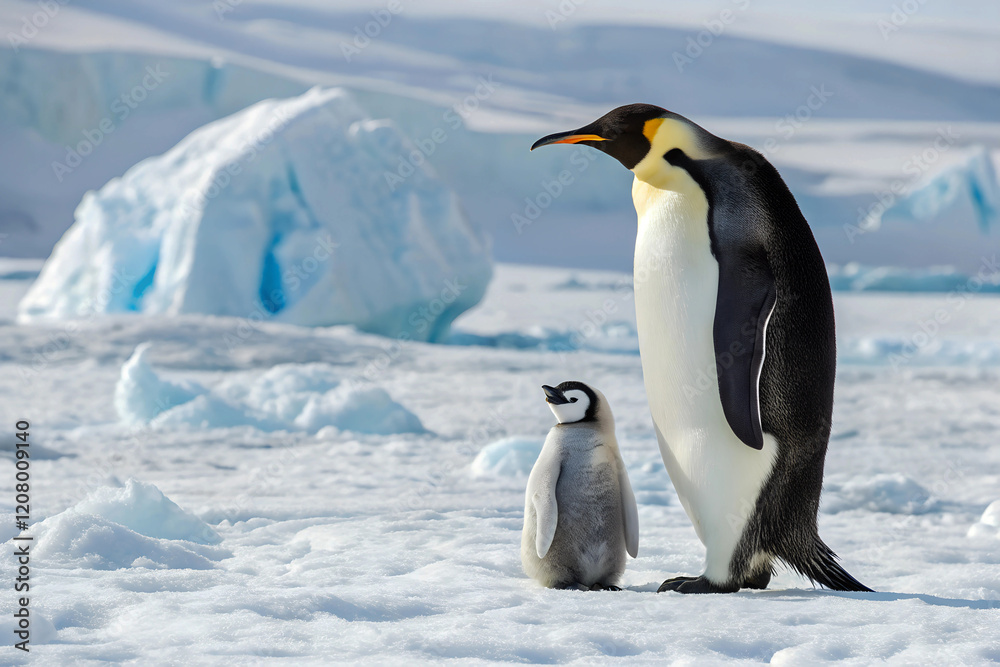 Fototapeta premium Emperor Penguin and Chick in Antarctic Landscape