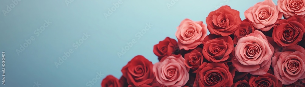 A vibrant array of multicolored roses against a soft blue background. A vibrant array of multicolored roses against a soft blue background.