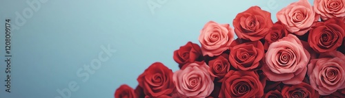 A vibrant array of multicolored roses against a soft blue background.